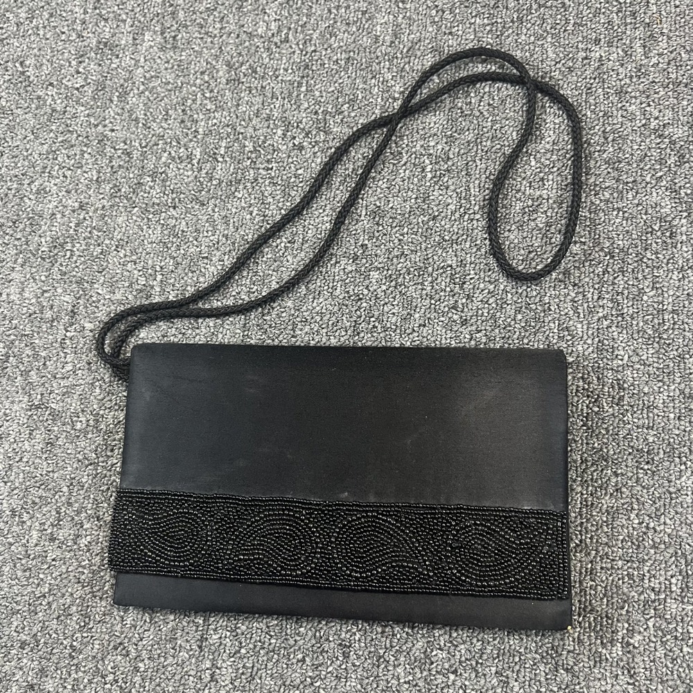 Vintage Aesthetic Beaded Satin Evening Clutch Bag OS Black Formal Party Wedding